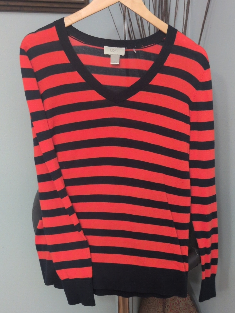 LOFT Navy and Orange 100% Cotton Striped V-Neck Sweater